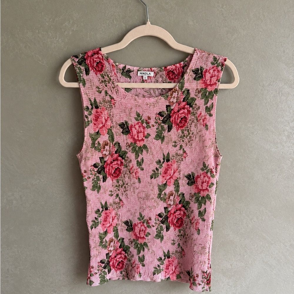 Nicola Pink Floral Crinkle Tank Top Y2K Rose Print